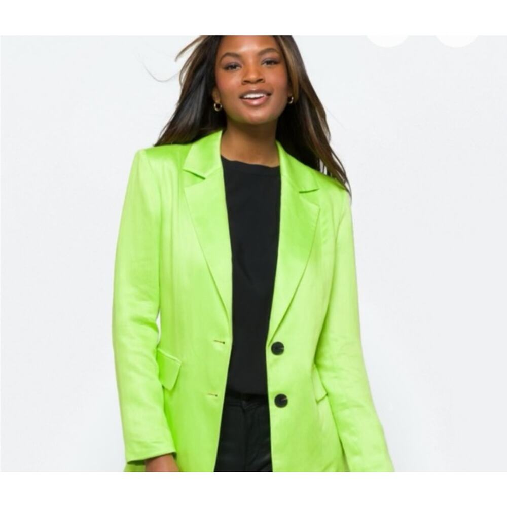 Avec Les Filles Blazer Jacket Lime Green S Womens Shoulder Pads Double‎ Button